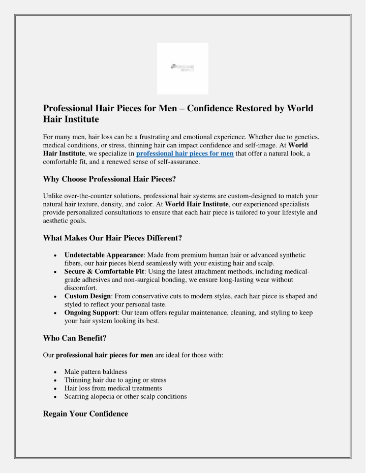PPT - Professional Hair Pieces for Men—Confidence Restored by World Hair Institute